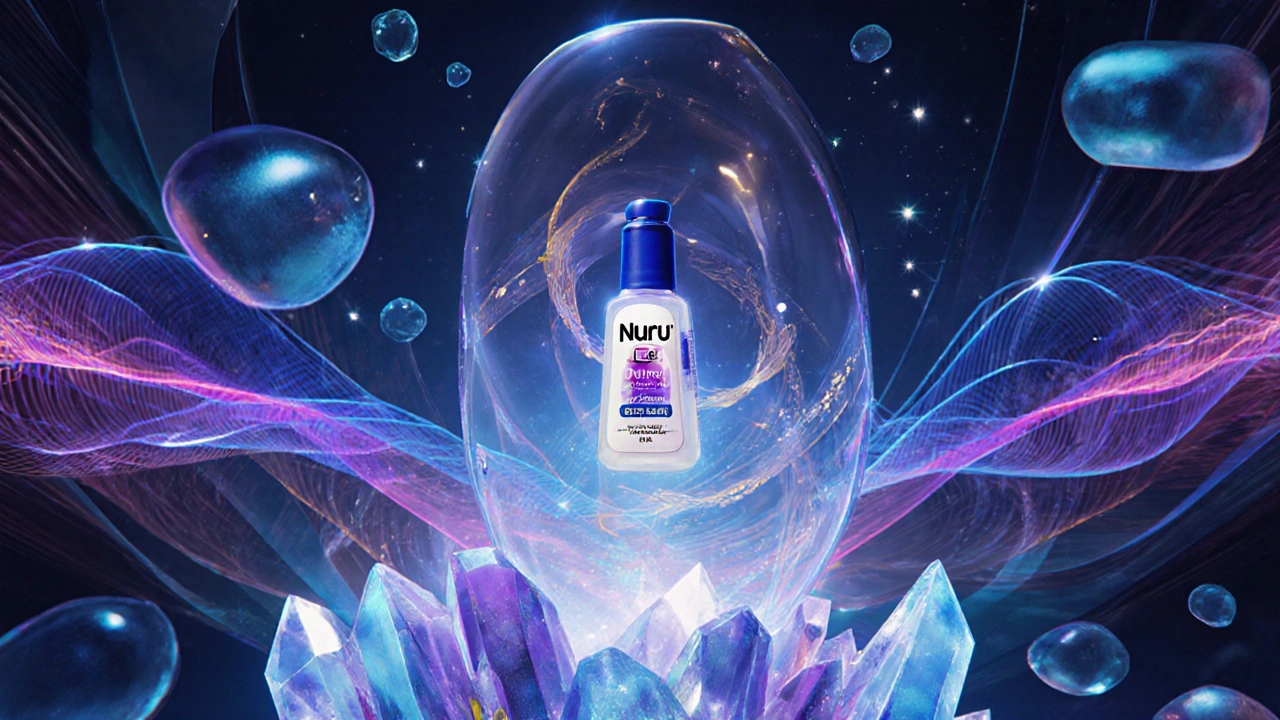 Futuristický wellness prostor s neonovými zvukovými vlnami a lahví Nuru gelu.