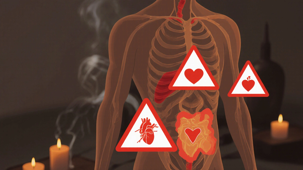 Kresba lidského těla s červenými varovnými značkami na kontraindikovaných oblastech.
