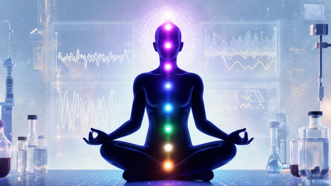 Postava v meditaci s rozsvícenými čakrami, kolem ní holografické vlny energie a futuristické laboratoře.