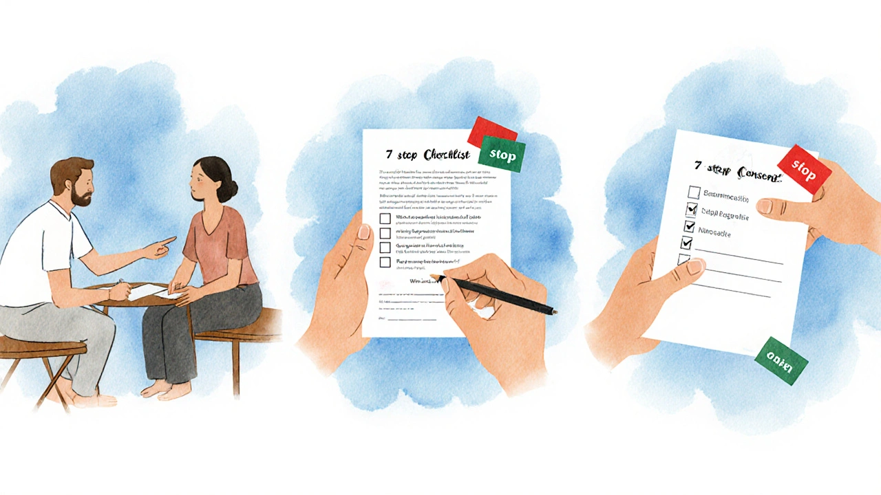 Vodovážová ilustrace tří kroků: informování, podepsání formuláře, kontrola pohodlí.
