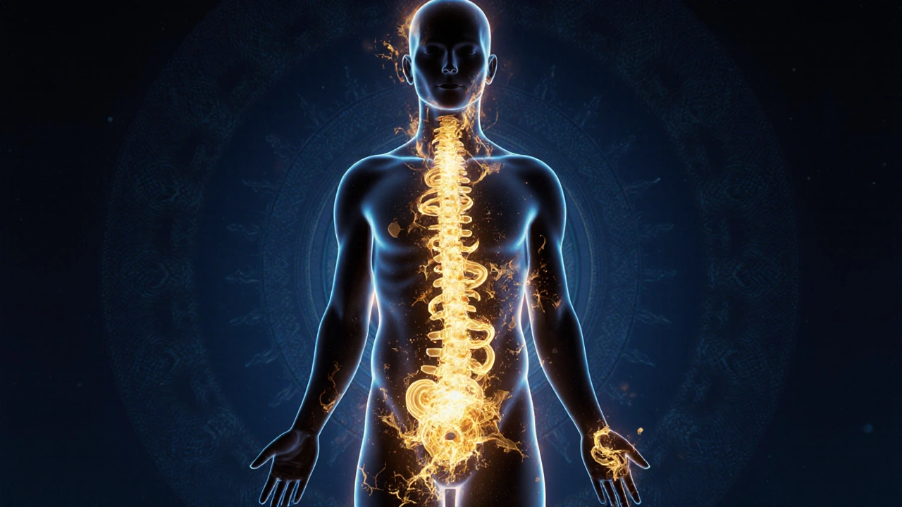 Abstraktní vyobrazení lidského těla rozptýleného do zlatých vln energie, symbolizujícího vnitřní uvolnění.