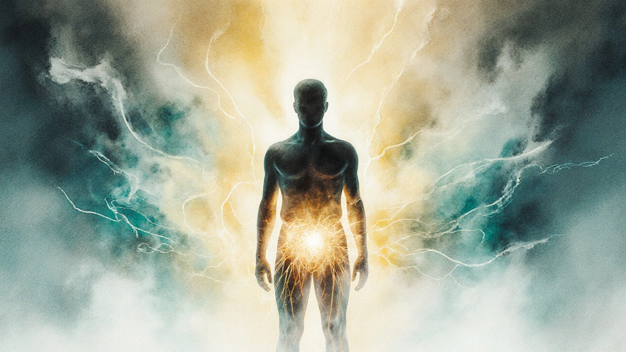 Abstraktní záře symbolizující uvolnění napětí a zlepšení krevního oběhu v pánvi.