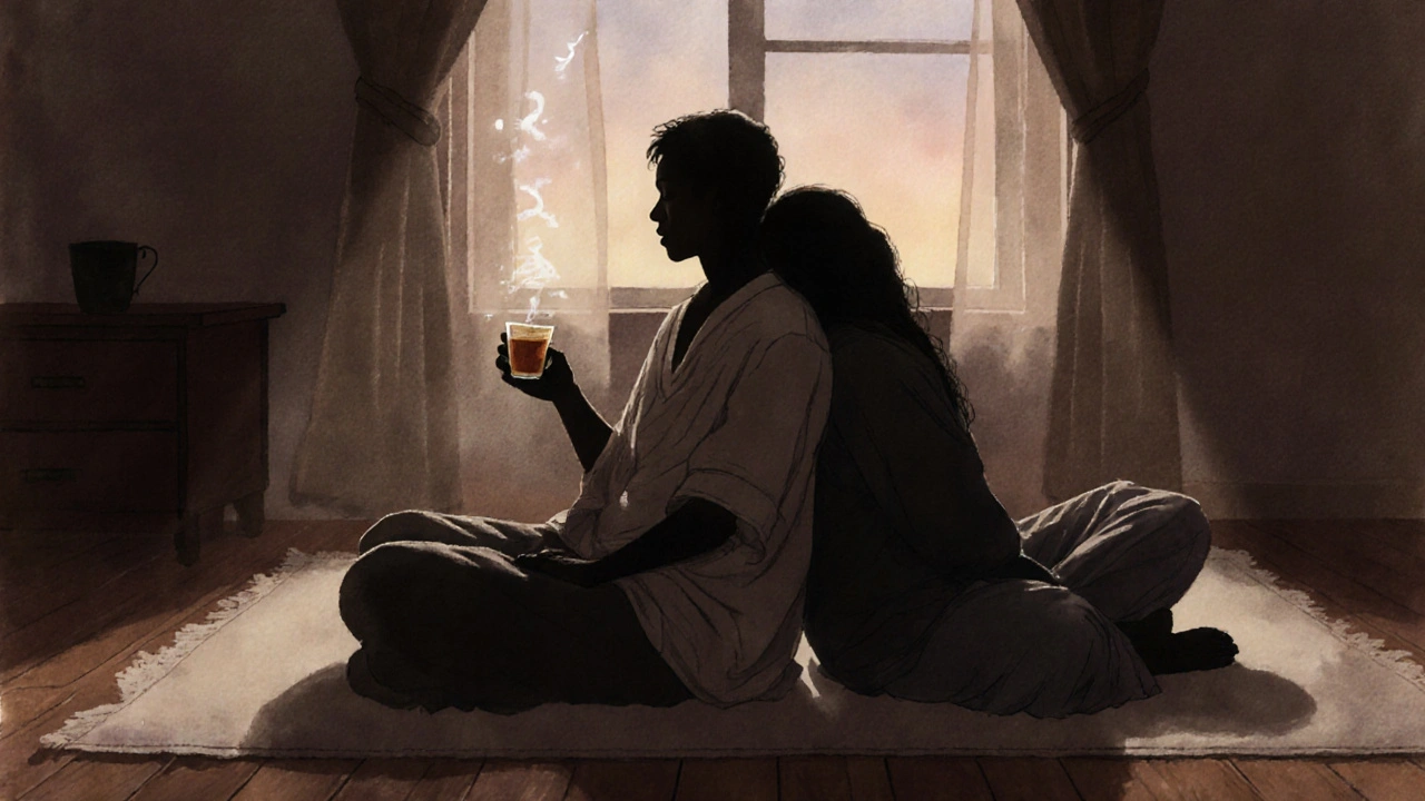 Dva lidé sedící vedle sebe po masáži, klidně se opírají, v tichém večerním světle.