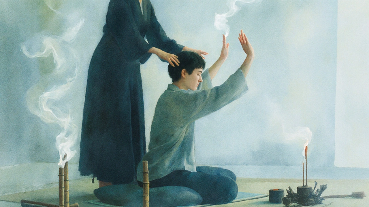 Dvě postavy v tichém prostoru provádějí pomalý, dotekový tanec na podlaze.