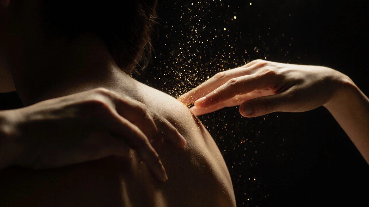 Dvě ruce se jemně dotýkají záda, z kůže stoupají jemné zlaté částice, symbolizující probouzenou energii.