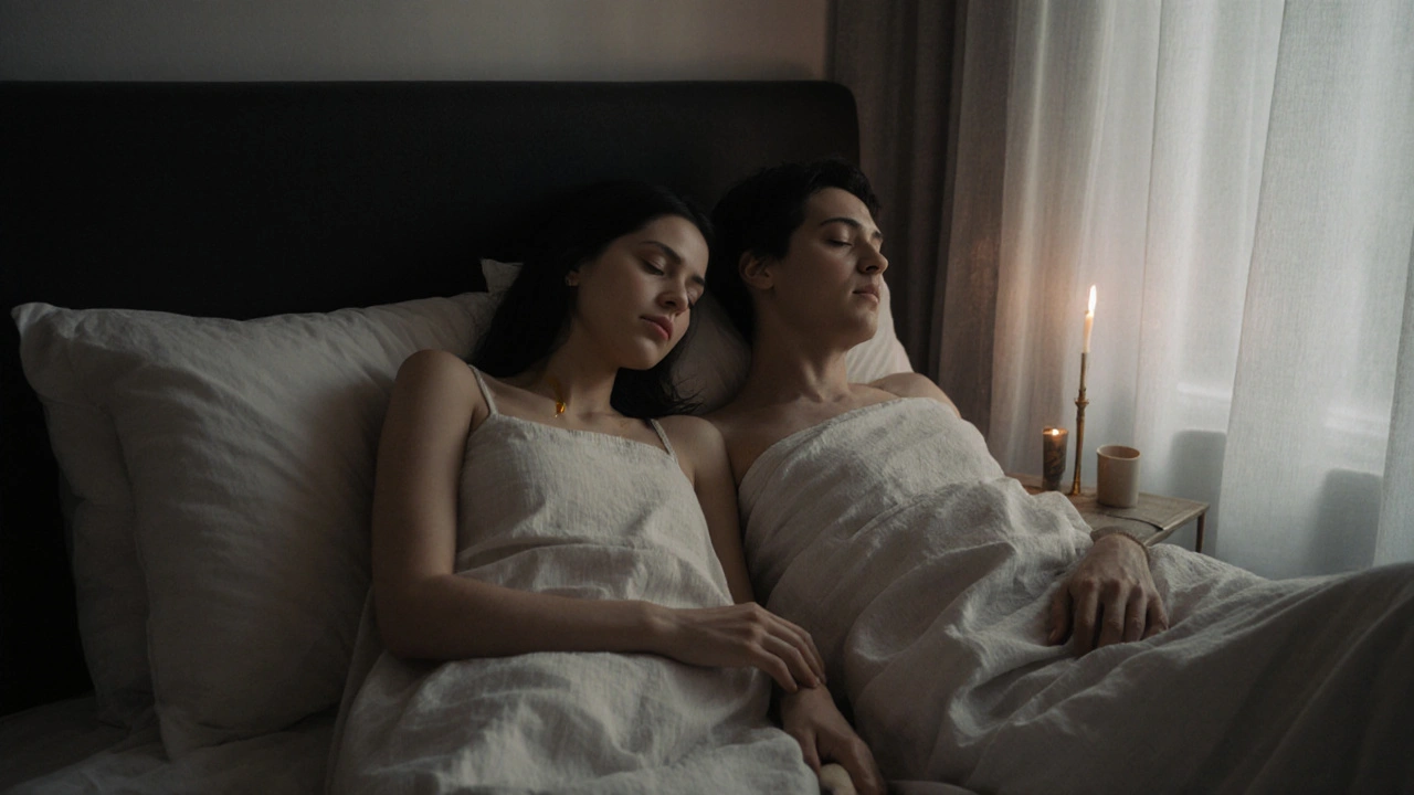 Dvojice leží vedle sebe na posteli, jedna ruka jemně klouže po stehně, měsíční světlo osvětluje kůži.