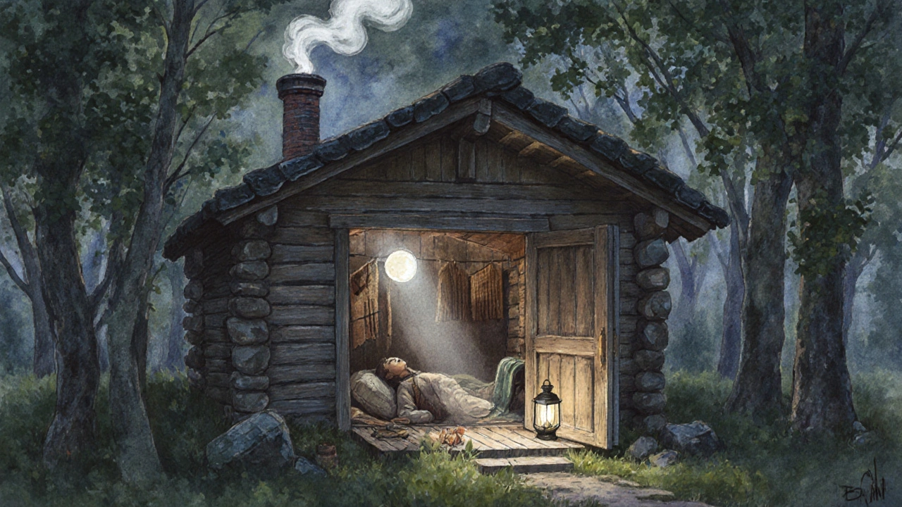 Malá chatka v lese v Litomyšli s rozzářeným vchodem a klidnou osobou uvnitř, spojenou s přírodou.