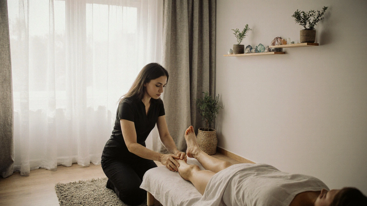 Masérka jemně dotýká nohy klienta v tiché, přírodně vybavené místnosti bez nadbytečného dekoru.