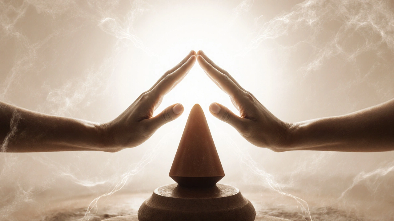 Obě ruce tvoří tvar písmene V a pomalu se pohybují po lingamu v rytmu dechu.