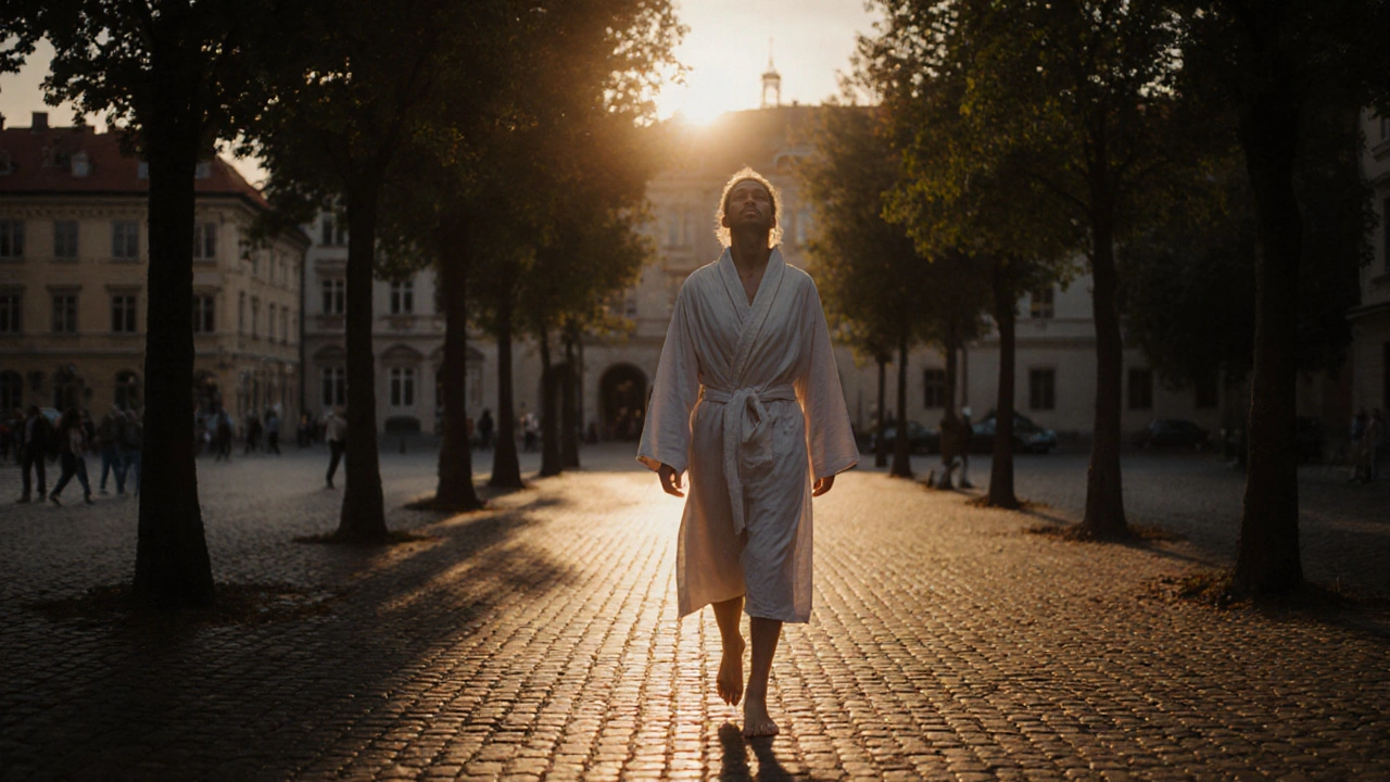 Osoba kráčí po dvorku večer, obalená pláštěm, v klidné, zářivé atmosféře.