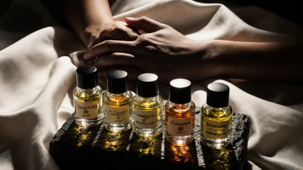 Pět skleněných lahviček s éterickými oleji na tmavém kameni, za nimi ruce na hedvábné prostěradle.