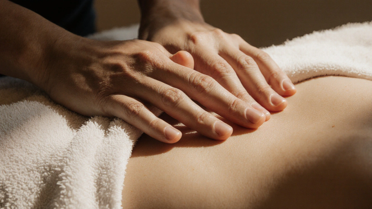 Ruce jemně dotýkají záda skrze lněný ručník, vyznačujíce uvolnění napětí bez jakéhokoli erotického významu.