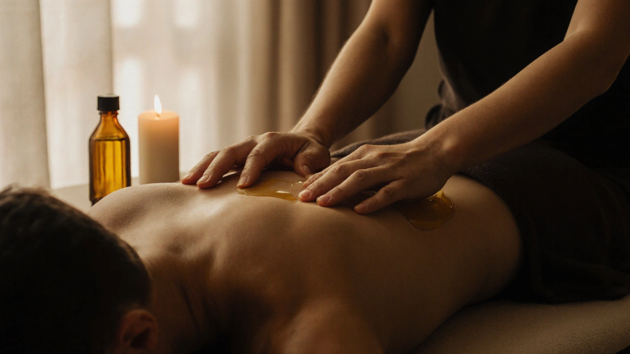 Ruce jemně klouzající po zádech těla ležícího na podložce s olejem a svíčkou na pozadí.