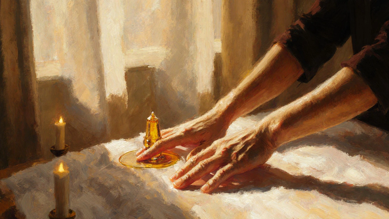 Ruce provádějí vlnivý pohyb &#039;Skiing&#039; po délce lingamu v teplém, klidném prostředí.