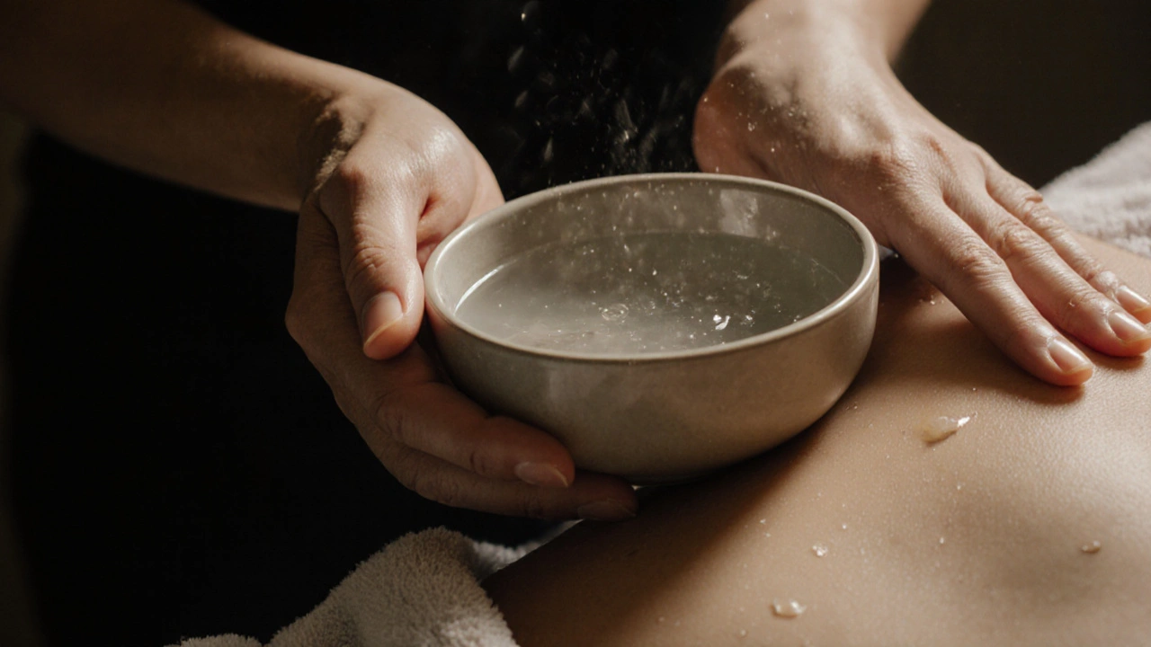 Ruce terapeuta drží teplou vodu a jemně podporují rameno klienta.