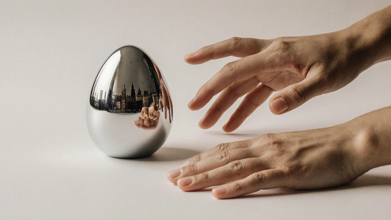 Tenga Egg zařízení s odrazem pražského panoramatu, symbolizující příjezd klientů z celé ČR.