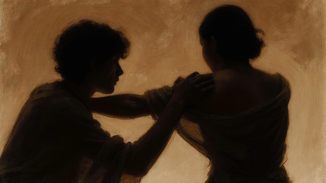 Tichý taneční dotek dvou postav v polotmě, těla se pohybují pomalu, bez tváří, jen s pohybem.
