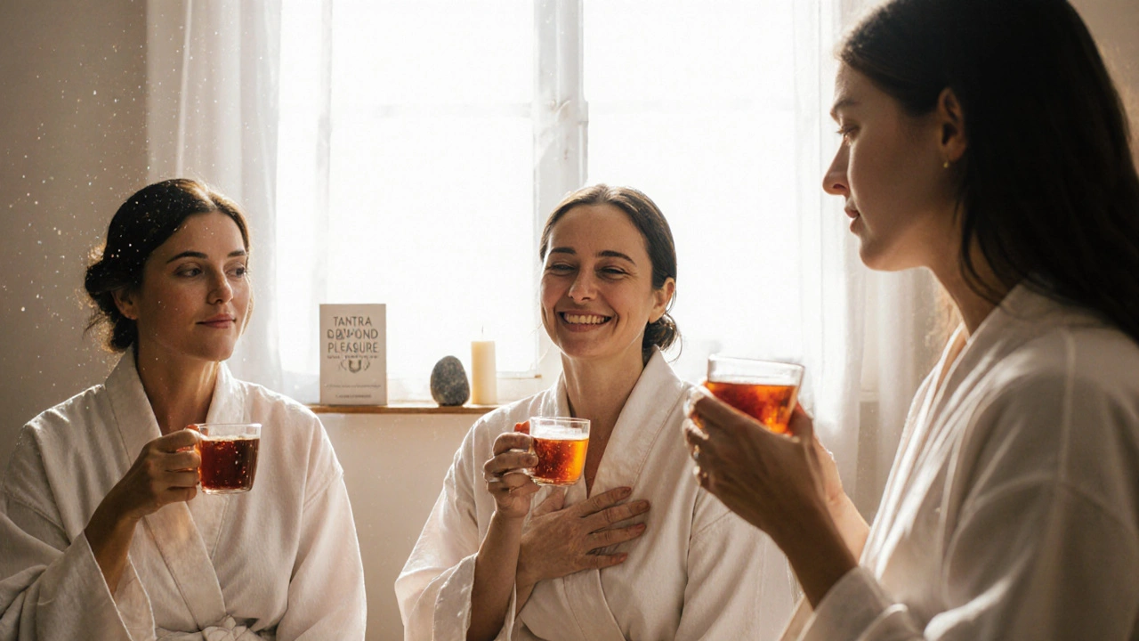 Tři ženy sedí v kruhu po sezení, obalené v plátnách, s klidnými výrazy tváří, osvěžené slunečním světlem.