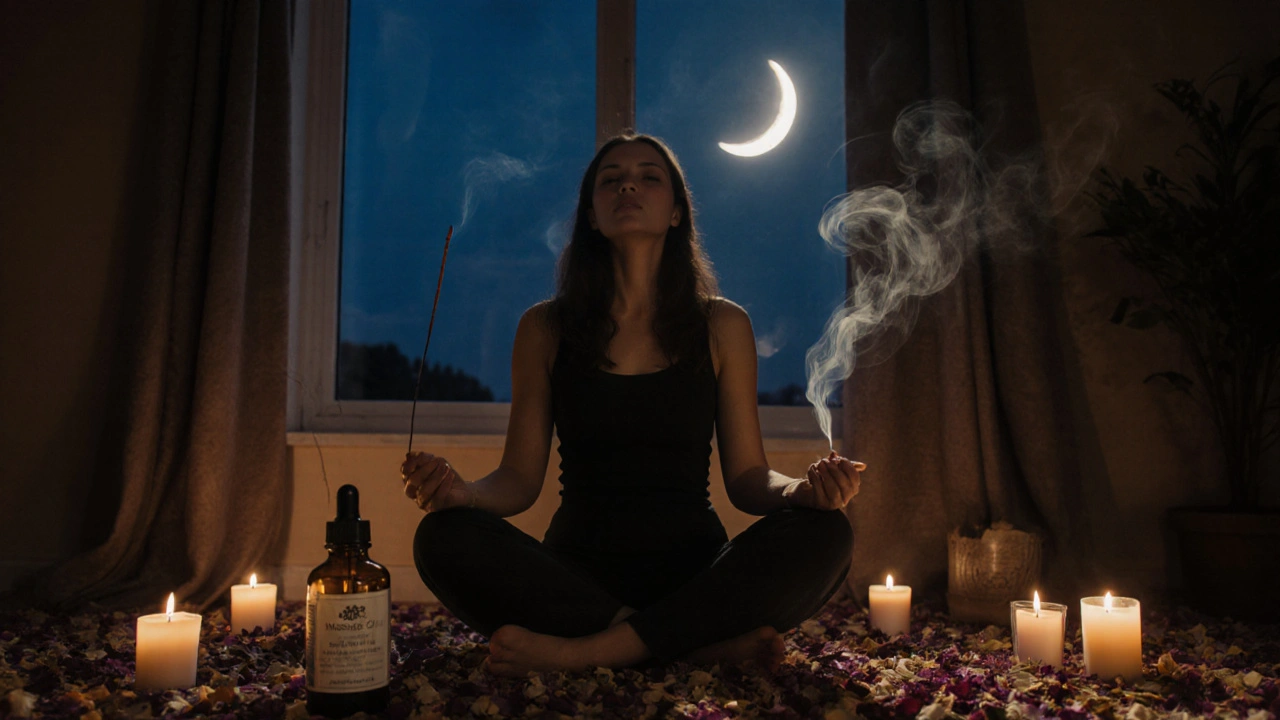Žena sedí v klidu s otevřenou láhví oleje, oči zavřené, v pozadí svíčky a kouř z kadidla.