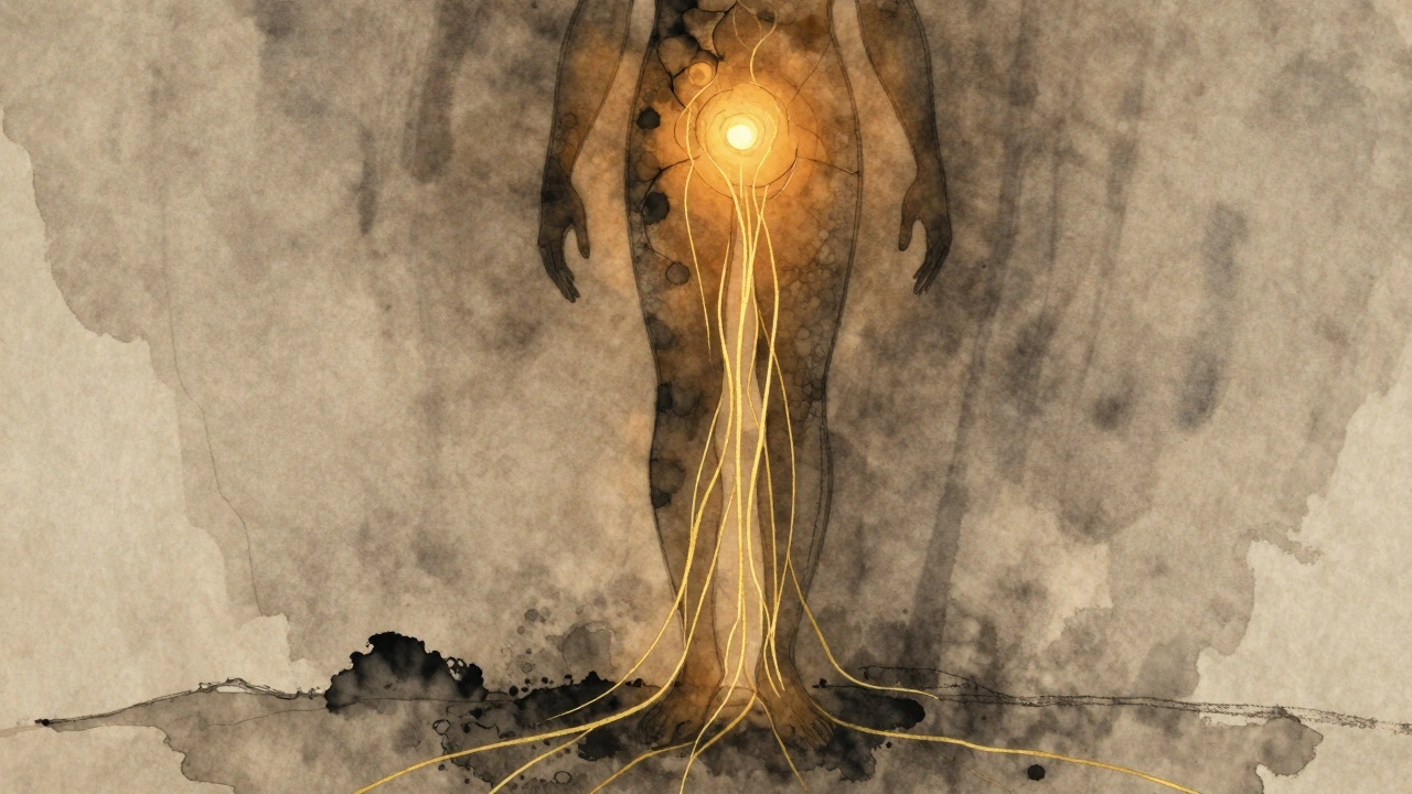 Abstraktní vyobrazení energie proudící z břicha člověka do země jako zlaté kořeny.