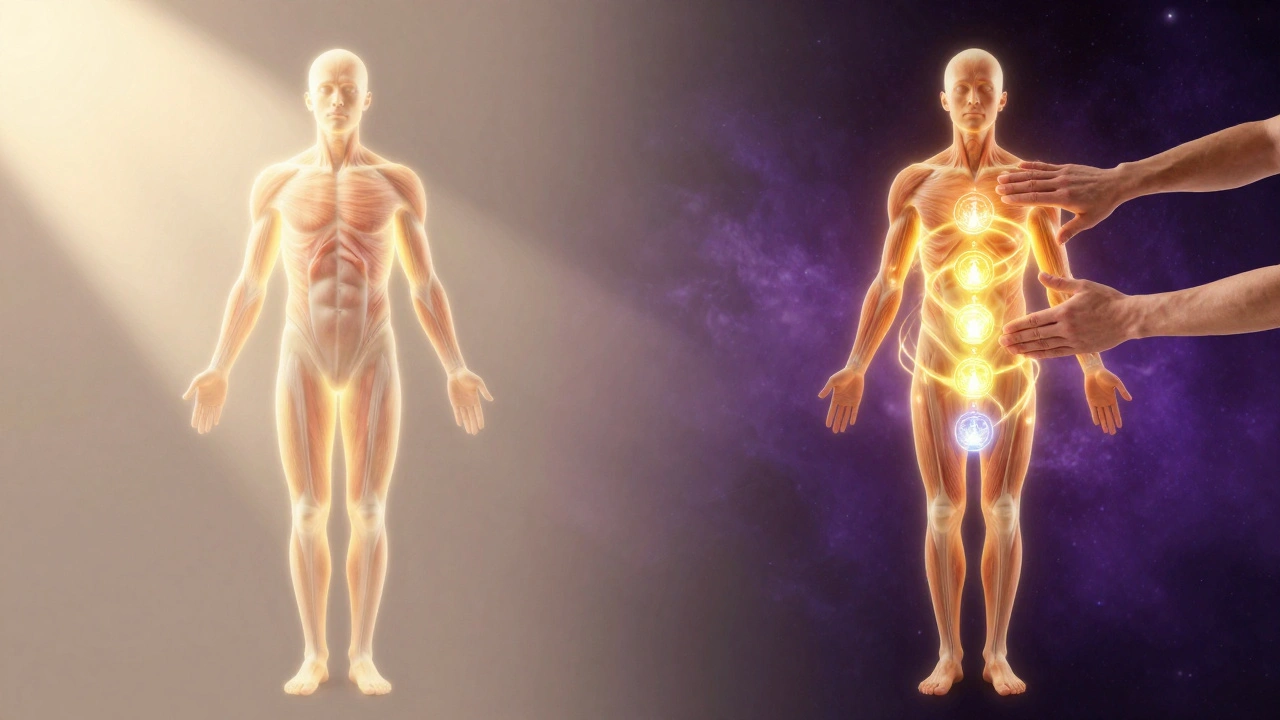 Dvě paralelní scény znázorňující rozdíl mezi uvolněním svalů a probuzením energetického potenciálu těla.