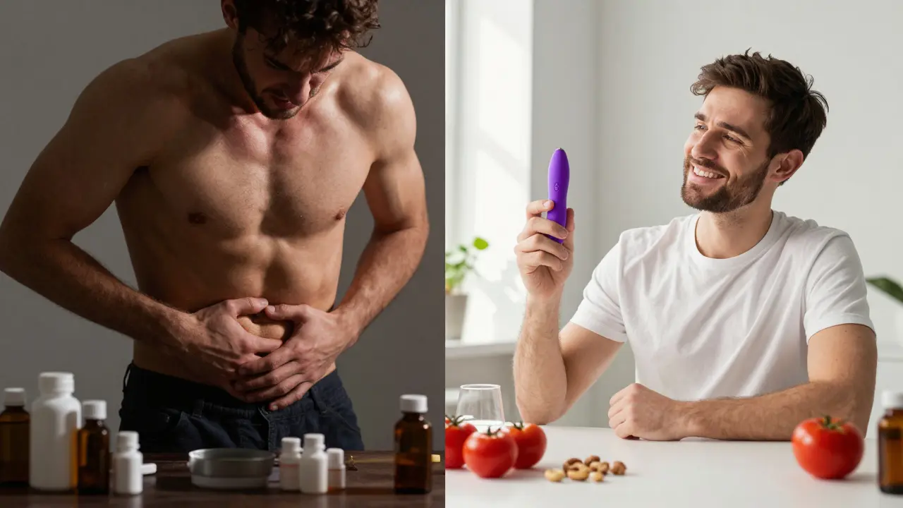 Dvě strany jednoho muže: jeden strádá bolestí, druhý je zdravý a klidný díky pravidelné péči o prostatu.