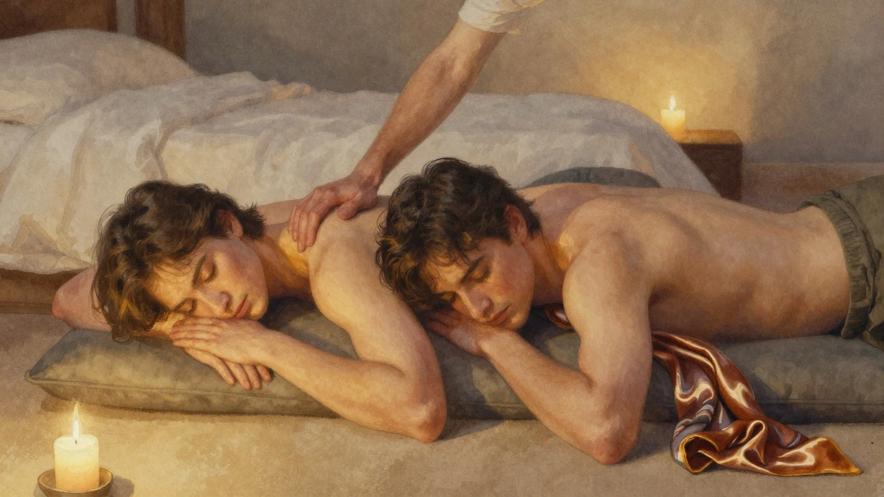 Dvojice se navzájem jemně masíruje na podlaze v tichém pokoji.