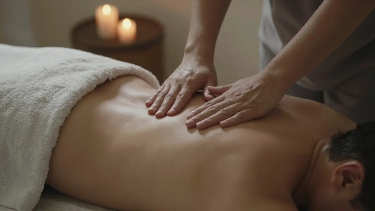 Masér provádí pomalé pohyby po páteři, tělo pacienta se jemně vlní v rytmu.