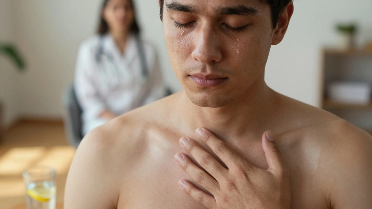 Muž s očima zavřenými a rukama na prsou, slzy na tváři — klidná chvíle bez tlaku, jen dech a uvolnění.