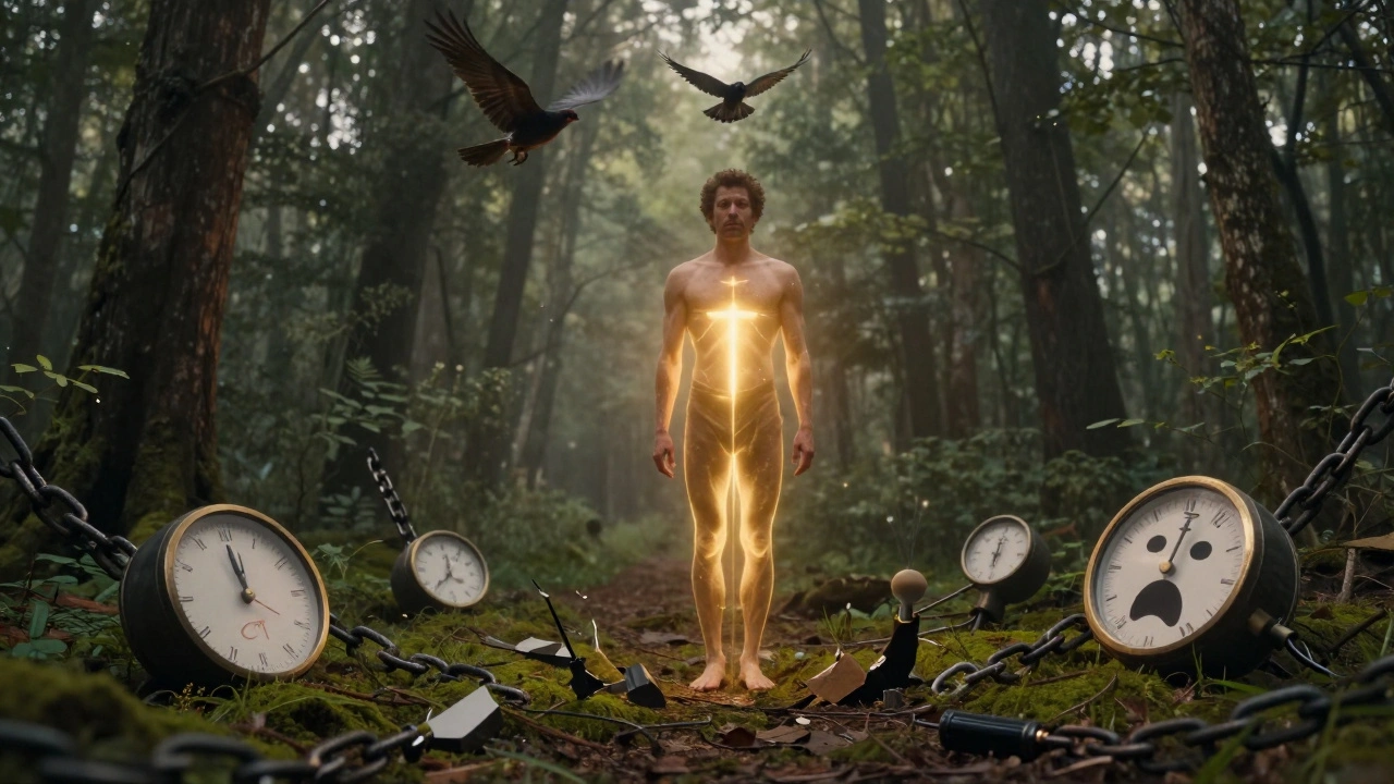 Muž v lese s tečkujícím zlatým světlem z jádra těla, symbolicky osvobozený od řetězů výkonnosti a stresu.