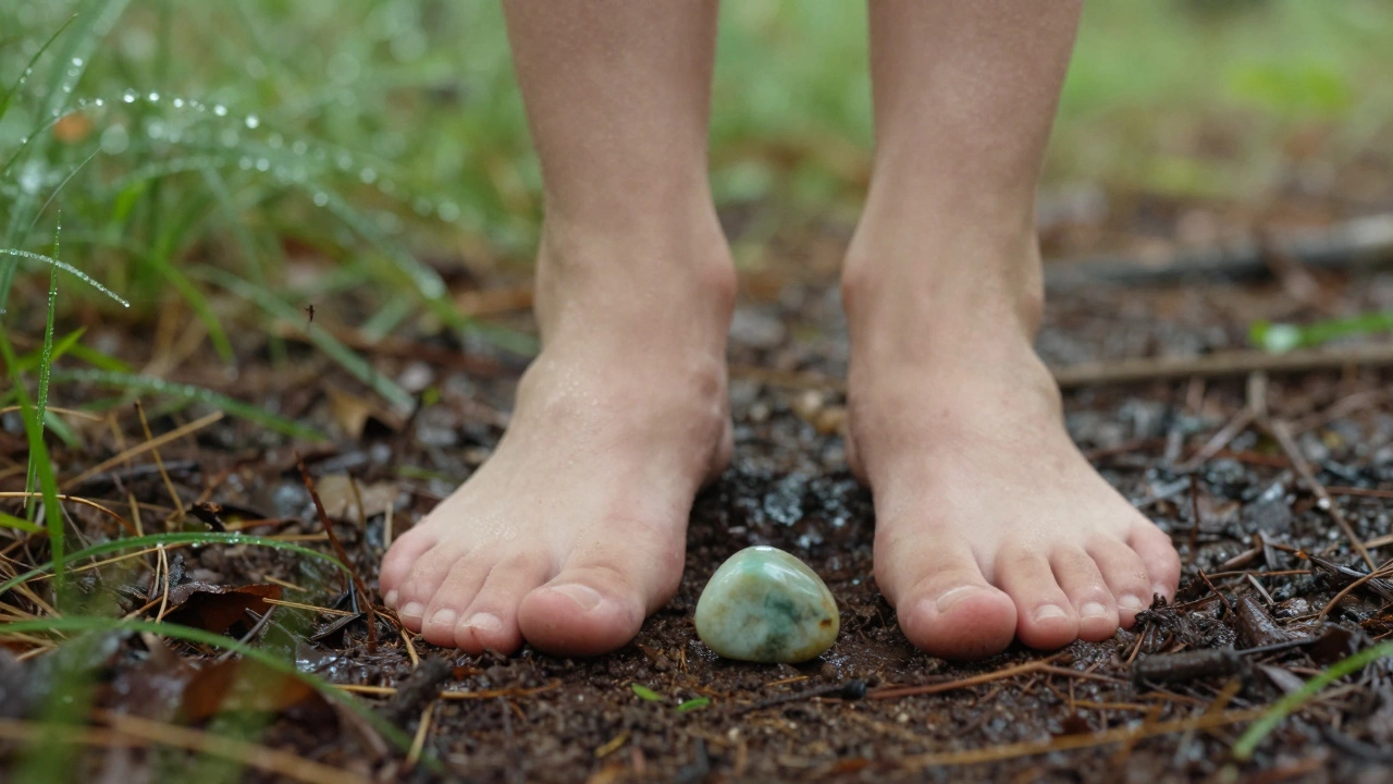 Nahé nohy na mokré zemi s nefritovým kamenem vedle, ráno po dešti.
