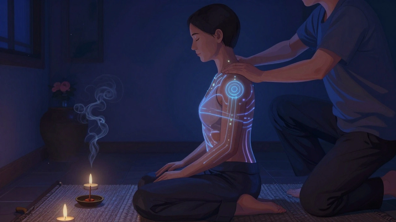 Osoba stojí v klidu, zatímco masér jemně dotýká jejího těla během tantrické seance s energetickým zářením.