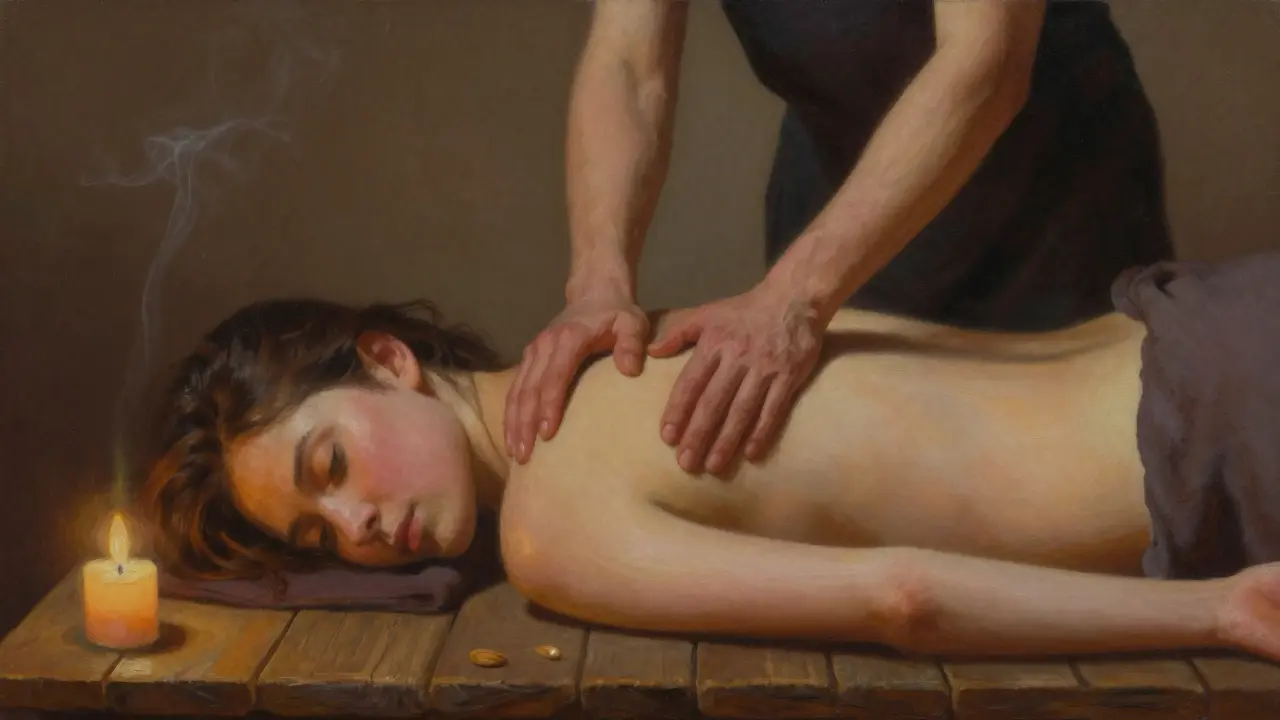 Pár si navzájem masíruje záda v klidné, svíčkami osvětlené místnosti, teplé oleje, tichá intimita.