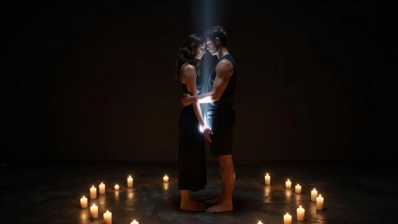 Pár stojí v temnotě, čela se dotýkají, ruce objímají, svíčky a měsíční světlo v pozadí, klid a přítomnost.
