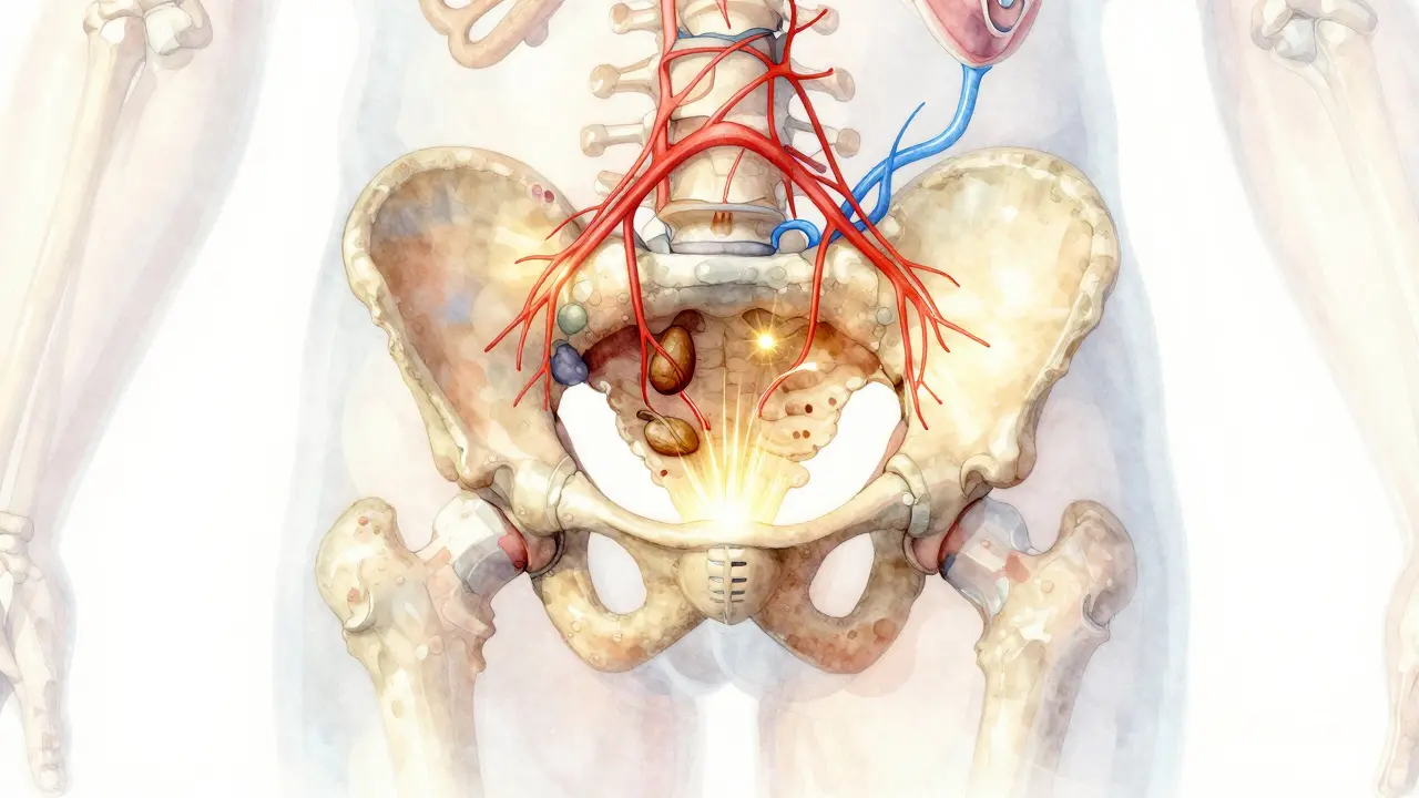Průřez pánve s viditelnou prostatou a proudy krve, symbolizující zlepšení oběhu při masáži.