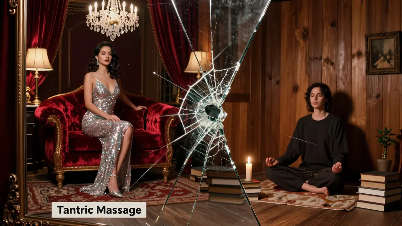 Rozdělené zrcadlo ukazuje kontrast mezi komerčním 'tantrickým' salónem a prostou, autentickou terapeutickou praxí.