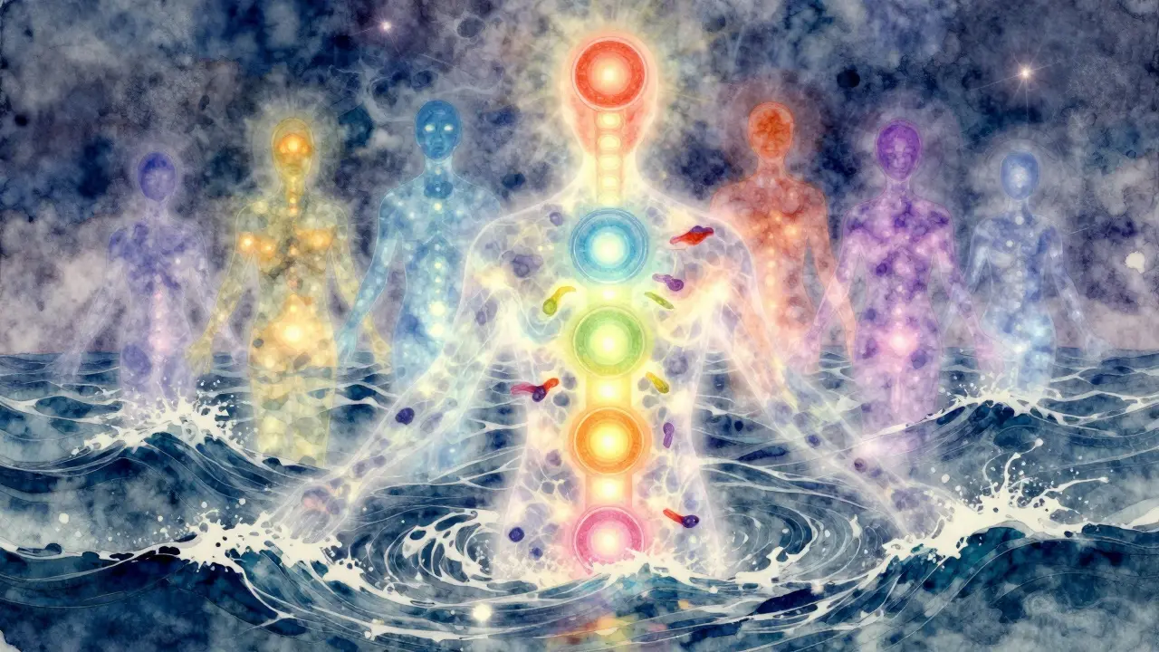 Sedm čakr na průhledné páteři pulzuje v rytmu vln, rozptylujíce temné blokace.