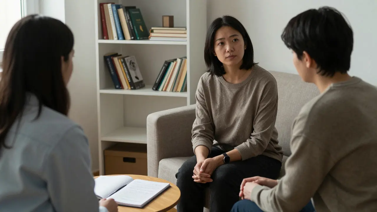 Terapeut a klient sedí v klidné místnosti, hovoří o těle a pocity, plně oblečení, v pozadí knihy o somatické terapii.