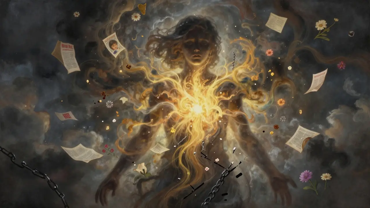 Abstraktní silueta člověka, jejíž vnitřek se mění z temných mraků na zlatou energii a květiny.