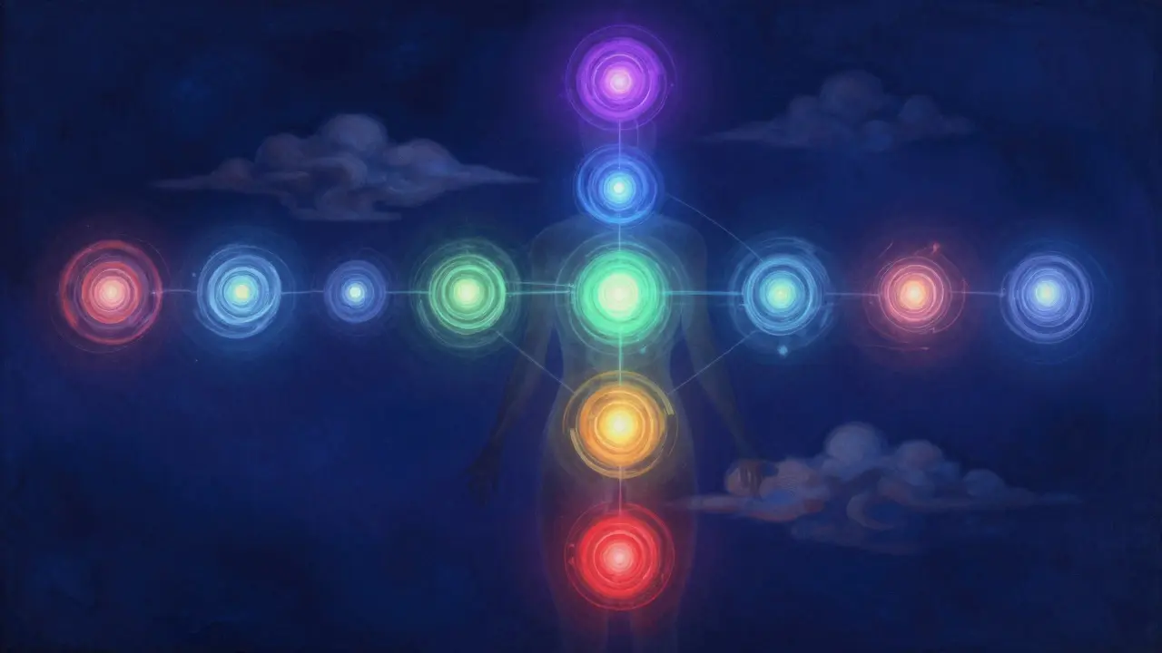 Abstraktní znázornění sedmi energie centru (čakry) spojených světelnými vlákny podél lidského těla.
