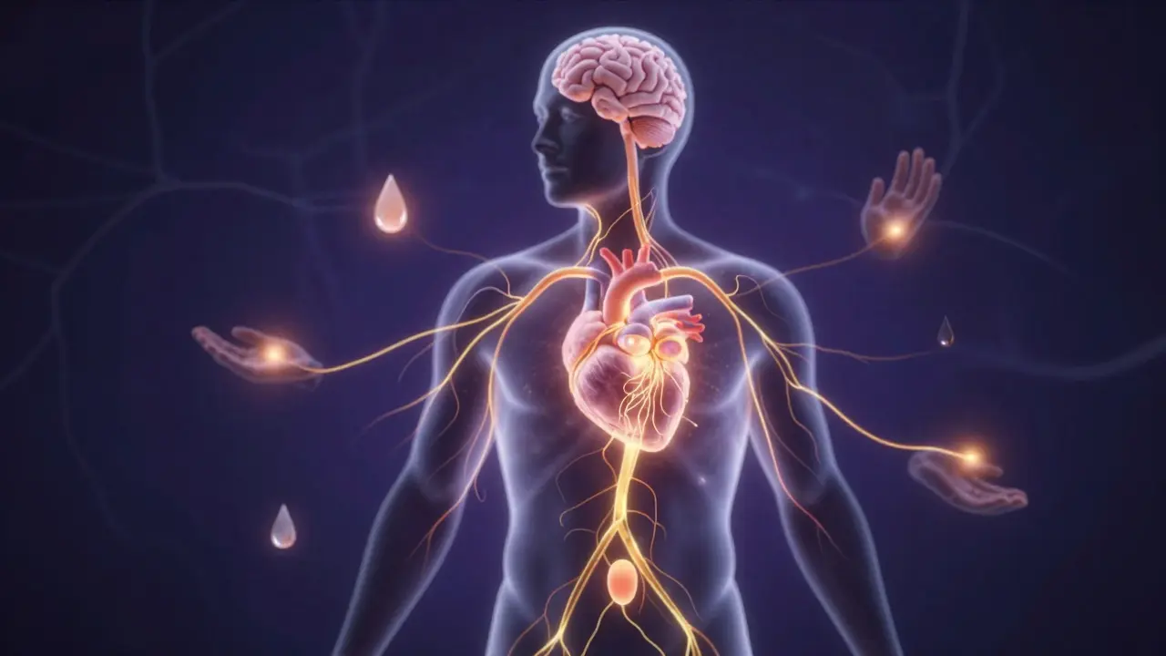 Abstraktní znázornění vagálního nervu spojujícího prostatu s srdcem a mozkem.