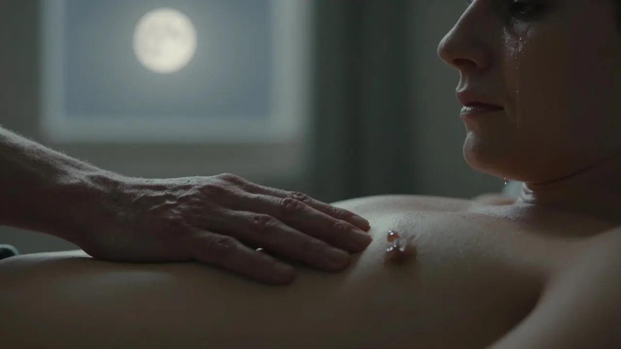 Dvě ruce se dotýkají — terapeuta a klienta — v tichém okamžiku plném emocí a důvěry.