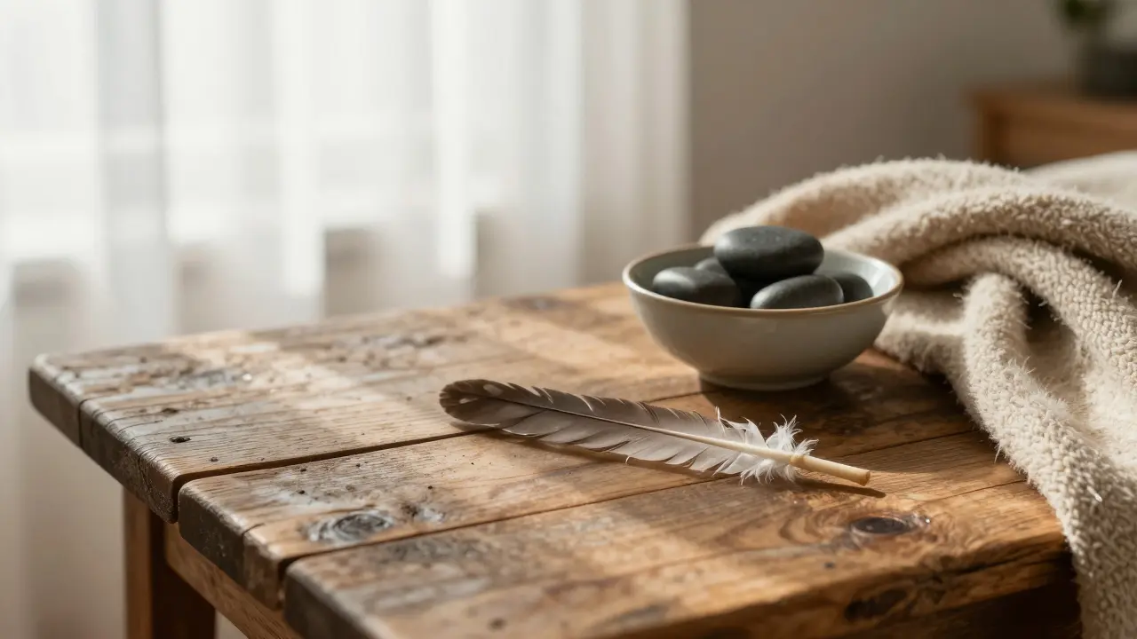 Na dřevěné stole leží peří, deky a kameny, sluneční světlo padá skrz záclony, ticho a klid.