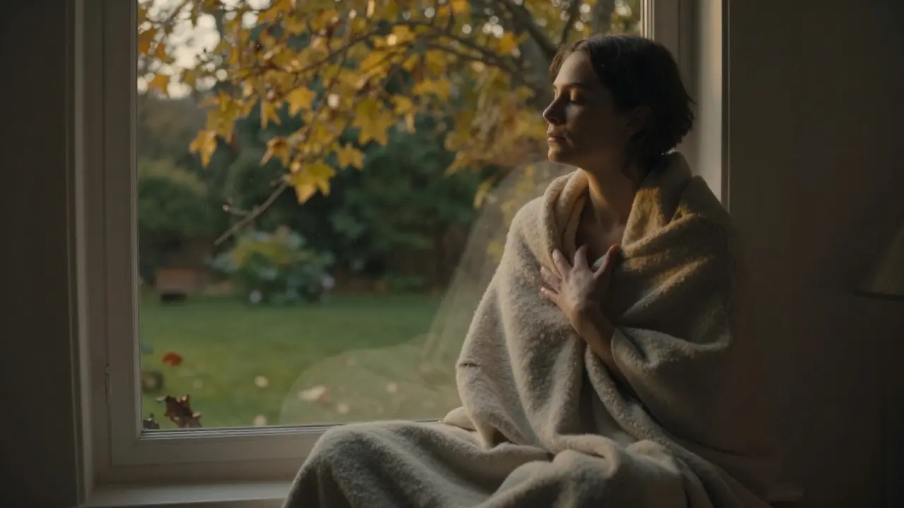 Osoba po masáži sedí u okna, zabalena do deky, s očima zavřenýma a klidným výrazem.