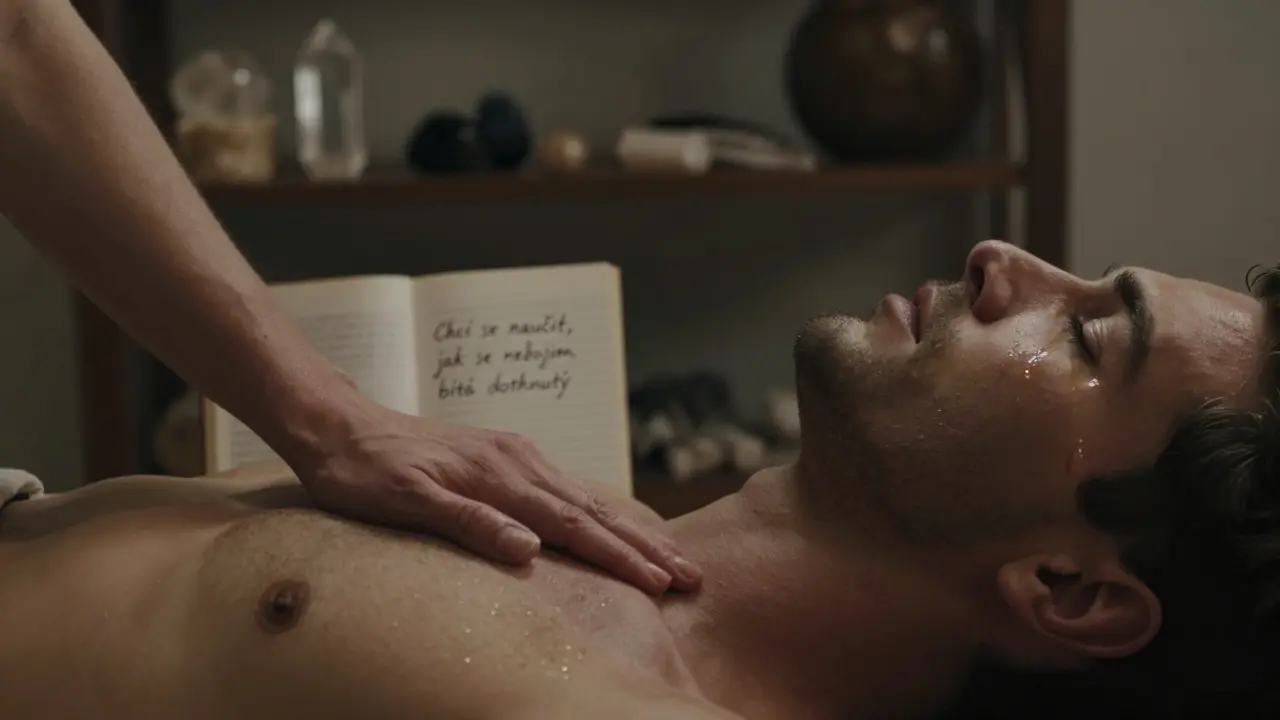 Ruka dotýkající se hrudi muže, který pláče během tantrické masáže při měkkém zlatém světle.