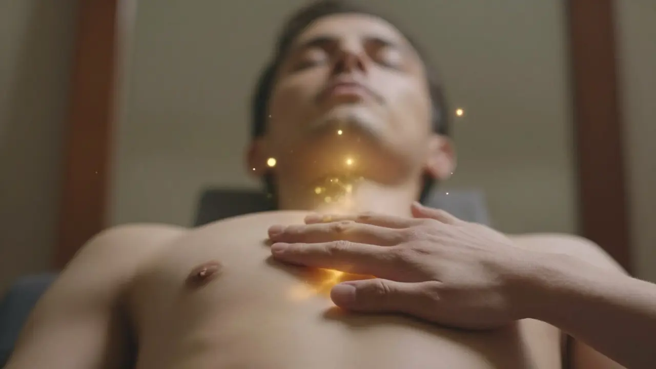Ruka na hrudi, záře z těla, v pozadí zrcadlový odraz meditující osoby.