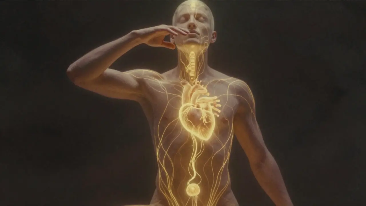 Zlaté světelné proudy stoupají z dolní části těla k hlavě, symbolizující proud životní energie.