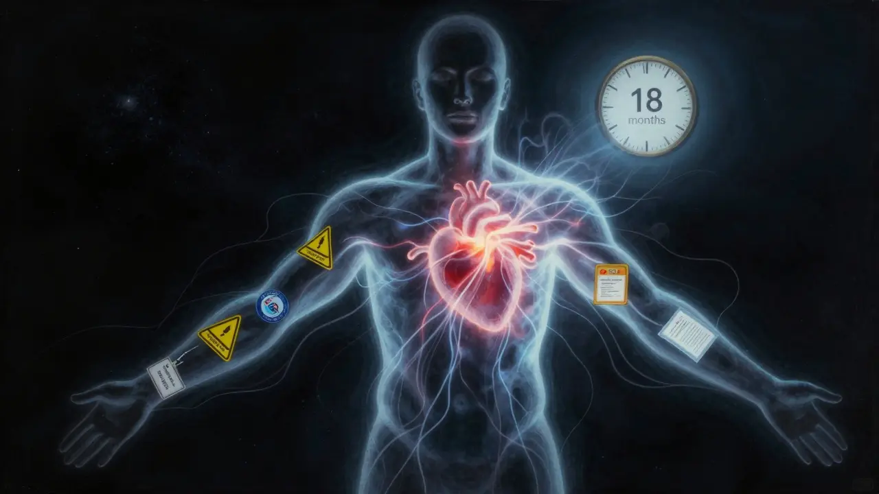 Abstraktní obraz těla s energií, kde jedna strana je zastíněna riziky, druhá osvětlena důvěryhodností a certifikacemi.