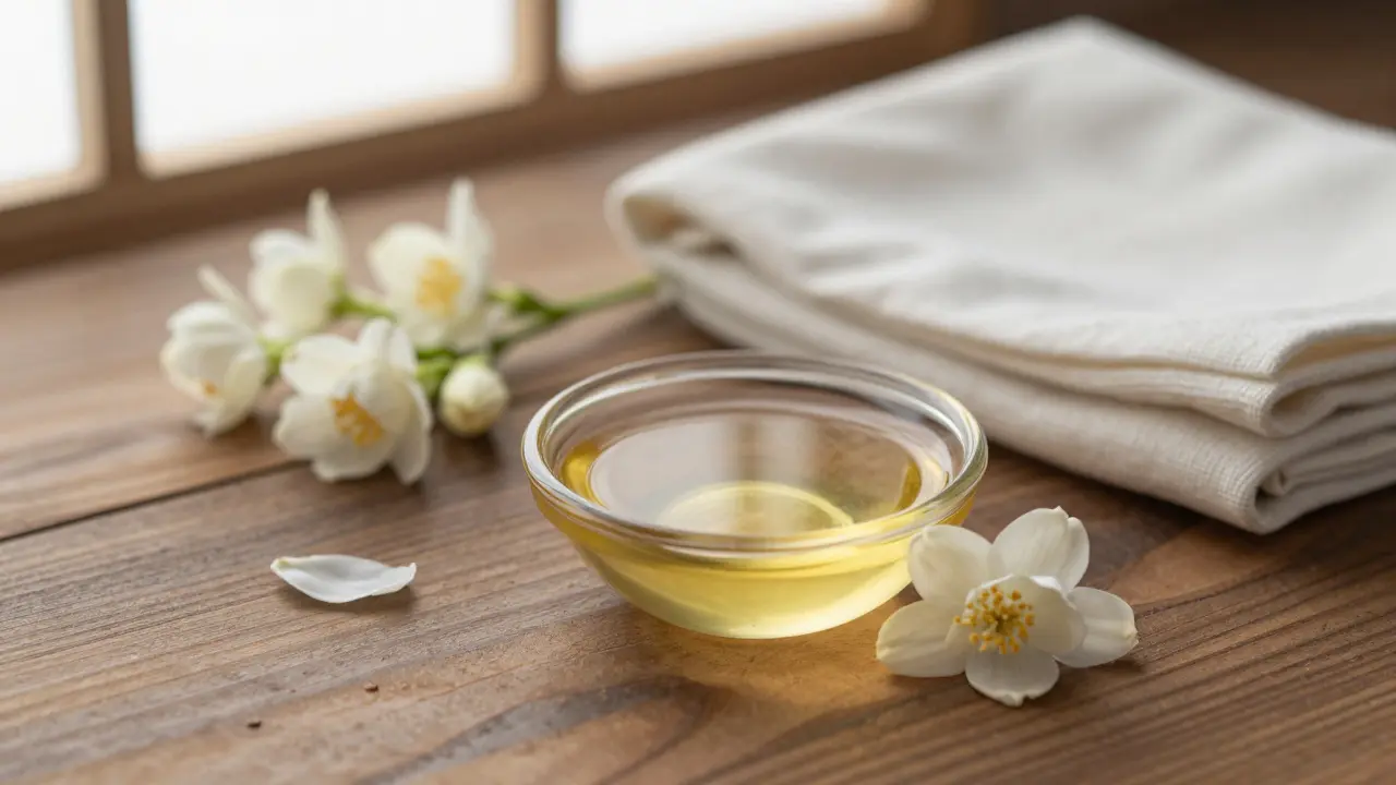 Dřevěný stůl s olejem, jasmínem a složeným sarongem.