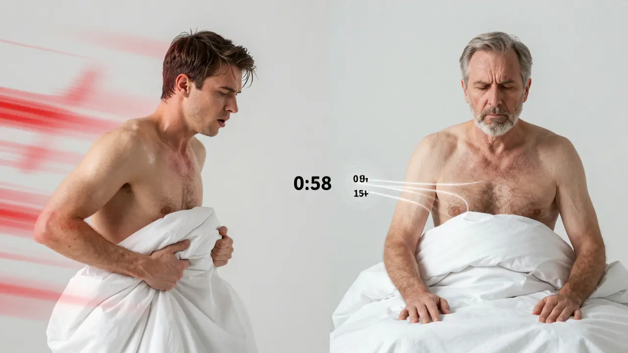 Dvě scény vedle sebe: mladý muž rychle vyvrcholí, starší muž se nevyvrcholí vůbec — srovnání dvou sexuálních poruch.